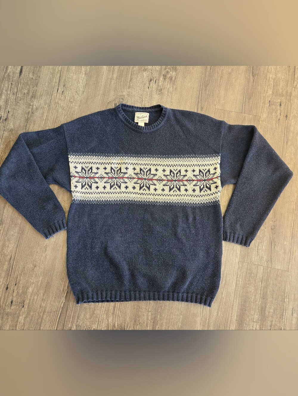 Vintage 90s Woolrich Men's Large Navy Blue Fair Isle Knit Sweater